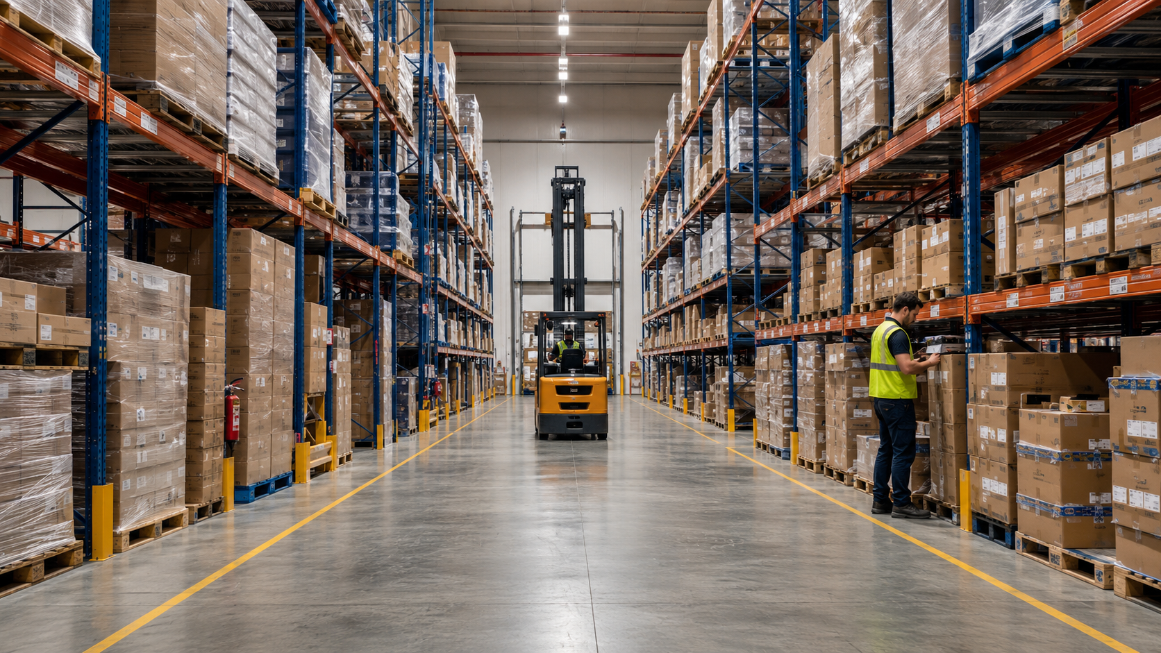 Sistema de almacenamiento industrial con racks de alta capacidad y pasillos logísticos ordenados